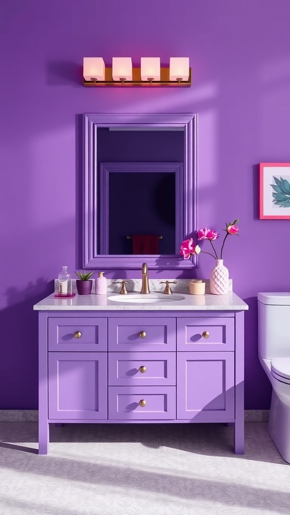 A bold purple bathroom featuring a matching vanity, gold accents, floral decor, and a modern aesthetic.