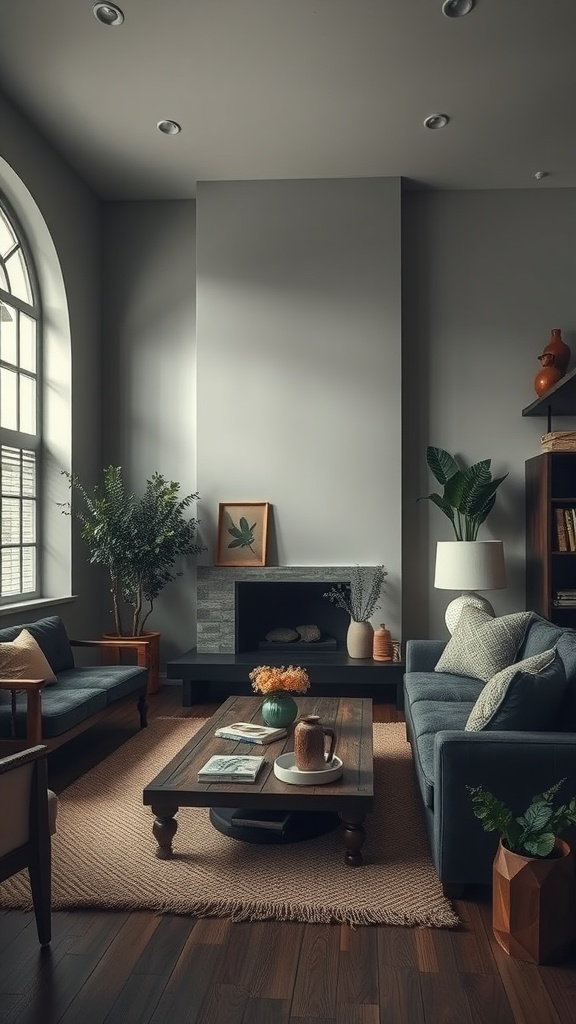 A cozy modern living room with dark accents, featuring blue sofas, a wooden coffee table, and plants.