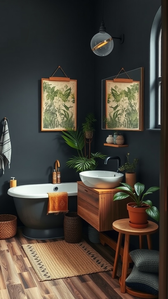 A dark Boho bathroom with a clawfoot tub, wooden accents, plants, and modern lighting.