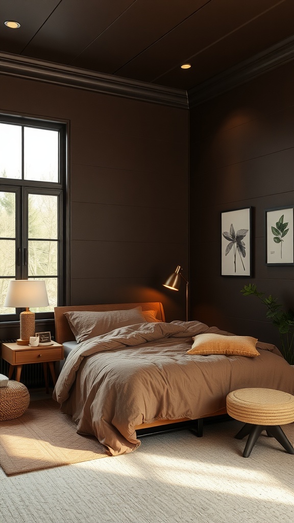 A cozy bedroom featuring dark chocolate walls, soft brown bedding, and warm lighting.