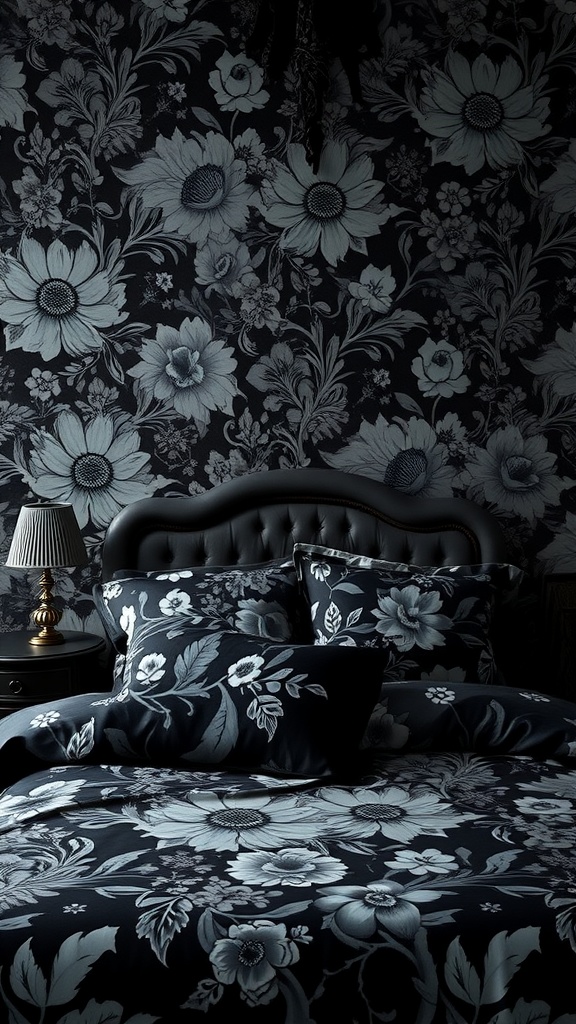 A goth bedroom with dark floral wallpaper and bedding, featuring large gray and white flowers.