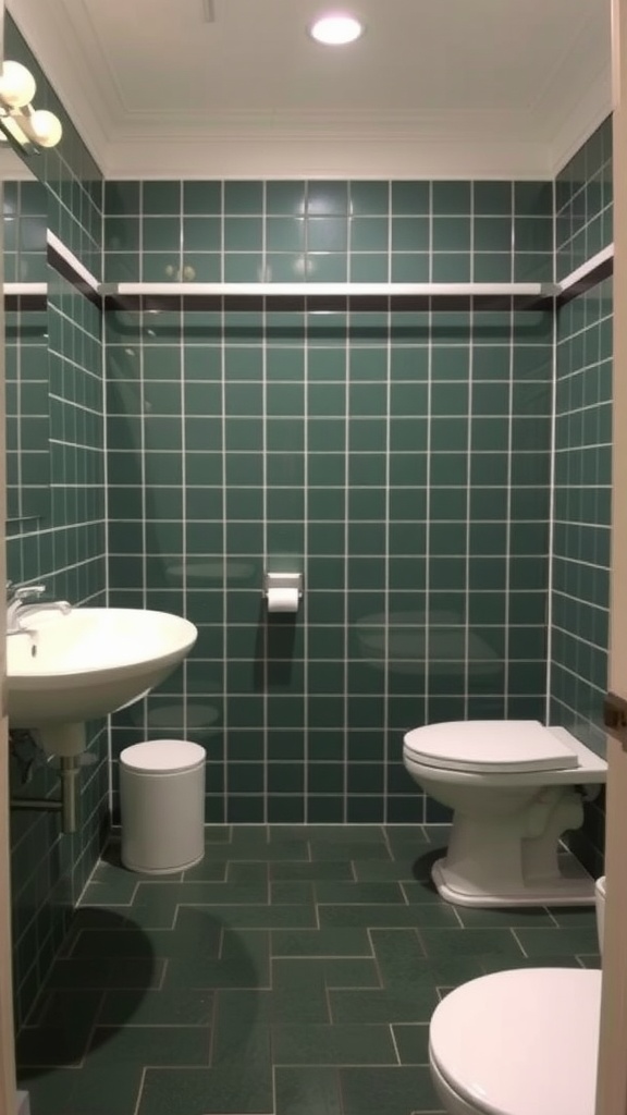 Bathroom featuring dark green tile flooring and white fixtures.