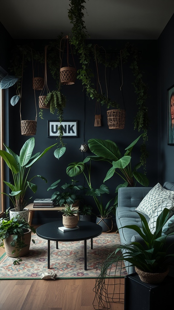 A dark-themed living room with abundant indoor plants and a cozy gray couch.