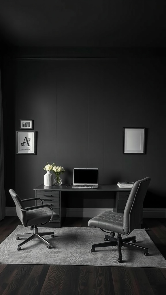 A dark-themed masculine home office with black walls, a desk, two chairs, and a laptop.