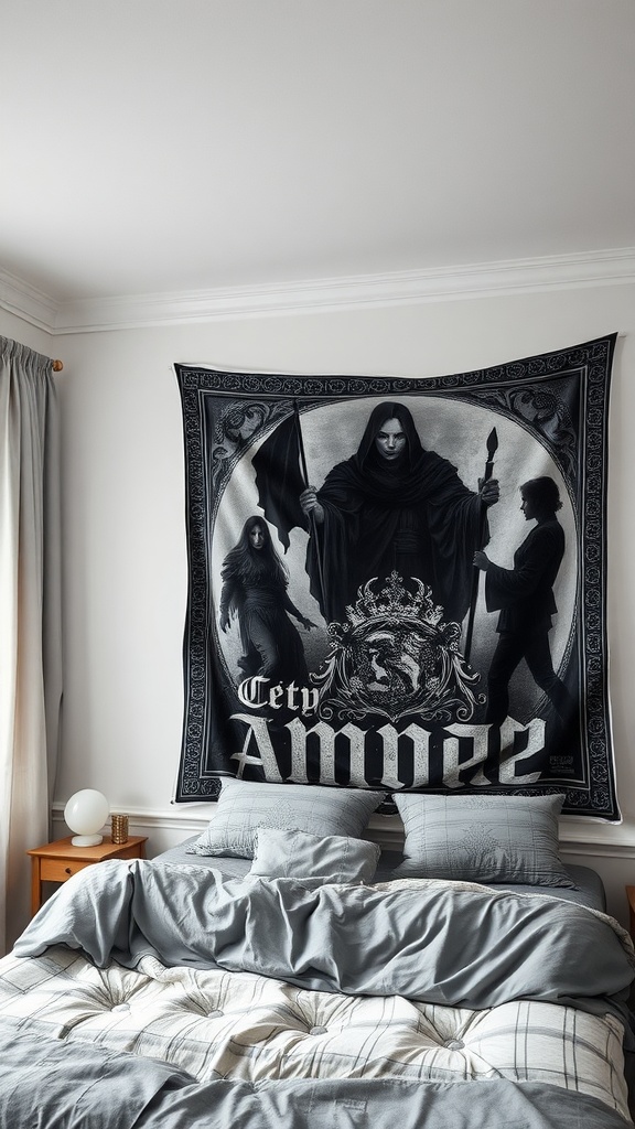 A dark tapestry featuring gothic imagery hanging above a neatly made bed with gray linens.
