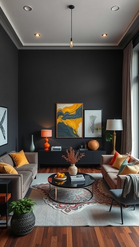 A stylish living room with dark walls, soft furniture in muted tones, and bright colored accents.