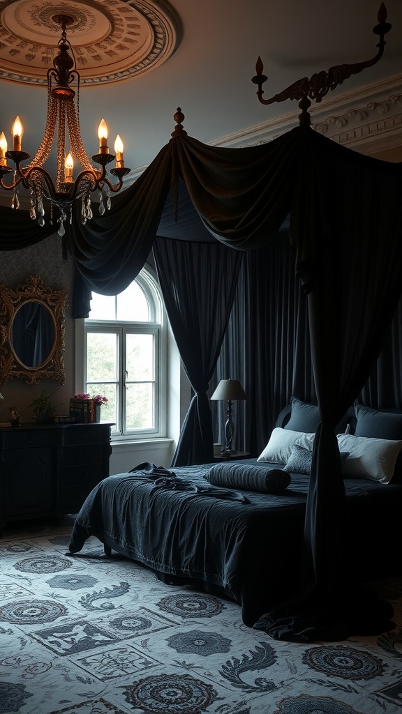 A gothic bedroom with a dark velvet canopy above the bed, complemented by a vintage chandelier and elegant decor.