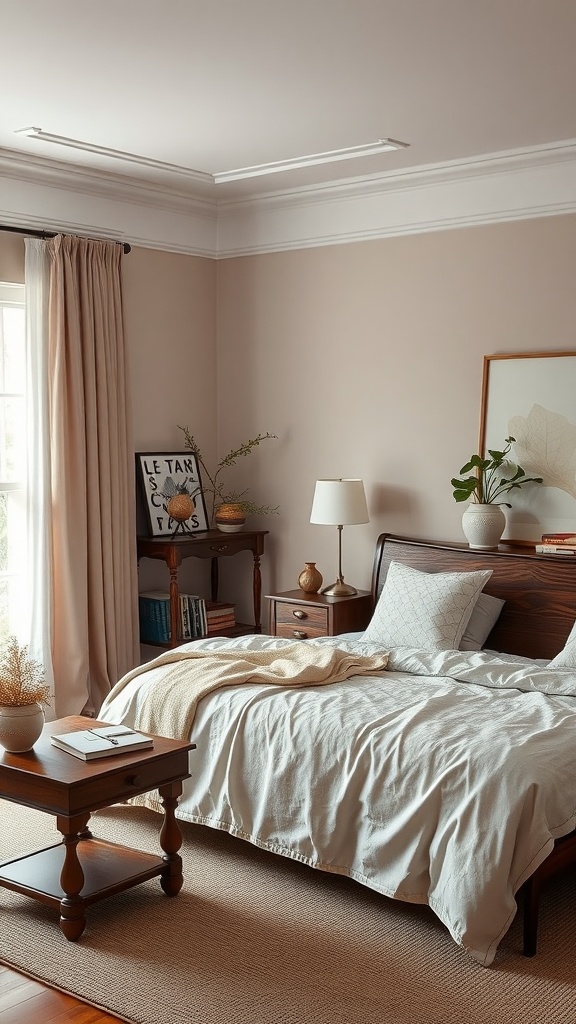 Cozy dark walnut bedroom with light linens and soft decor.
