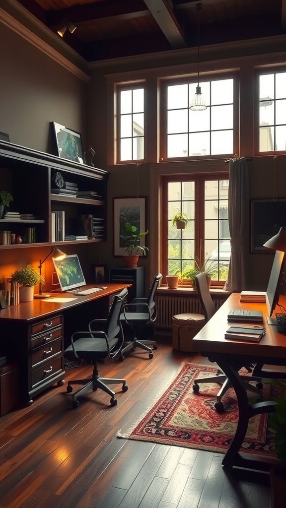 A masculine home office featuring dark wood accents, large windows, and a warm atmosphere.