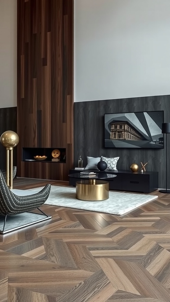 A modern living room with dark wood accents and metallic elements, featuring a unique chair and a gold coffee table.
