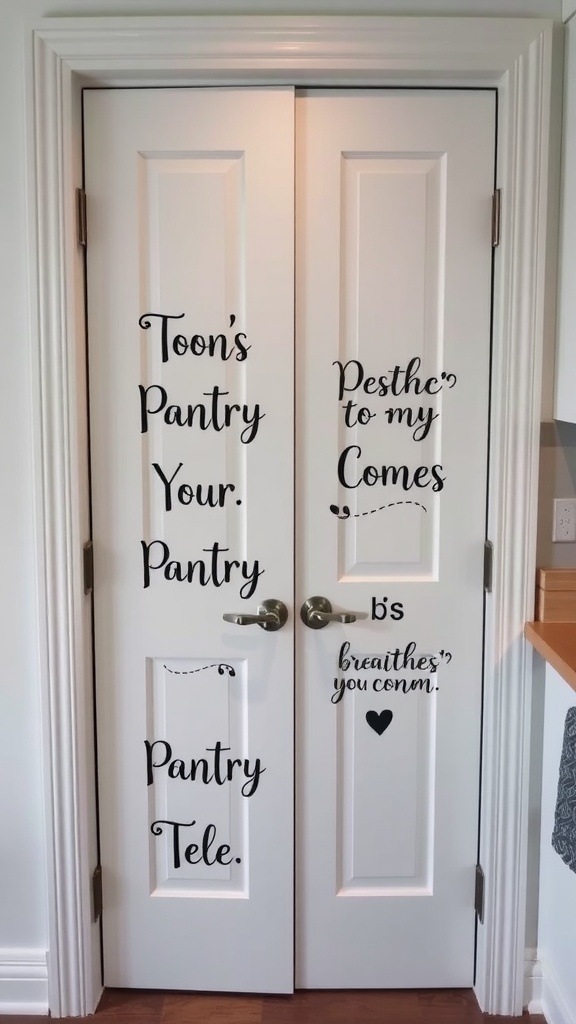 A pantry door decorated with playful lettering and phrases.