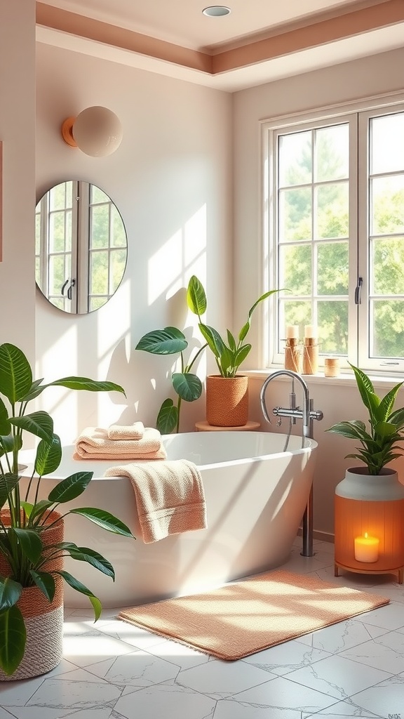 A relaxing spa bathroom with a bathtub, plants, soft towels, and warm lighting.