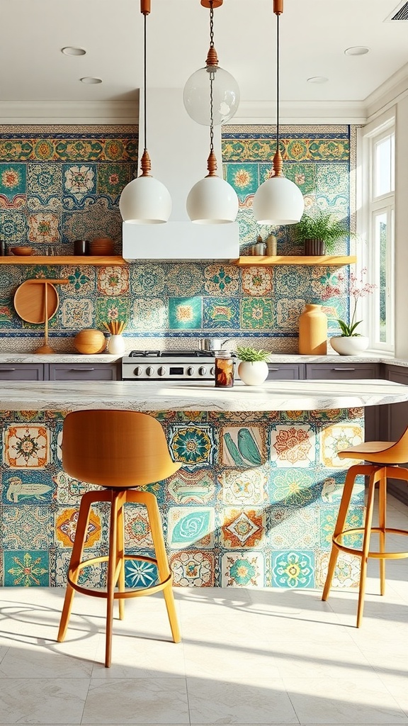 A brightly tiled kitchen peninsula with wooden bar stools and pendant lighting