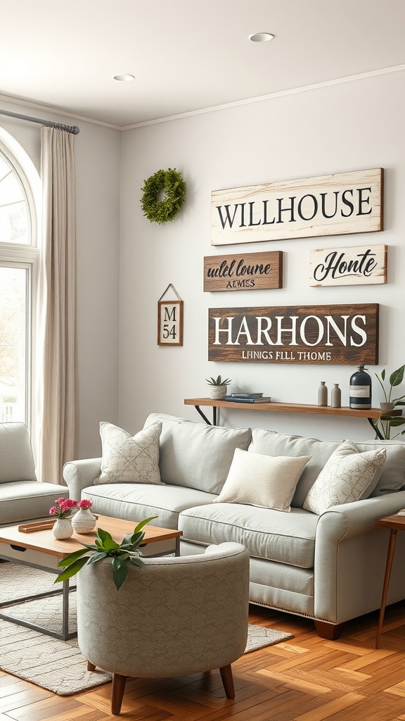 A cozy living room decorated with various farmhouse signs on the wall, featuring a light color palette and comfortable seating.