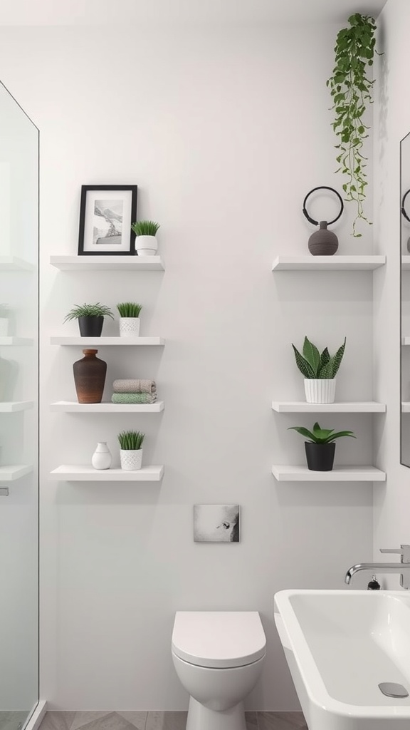 A modern bathroom featuring decorative floating shelves with plants and decor items.