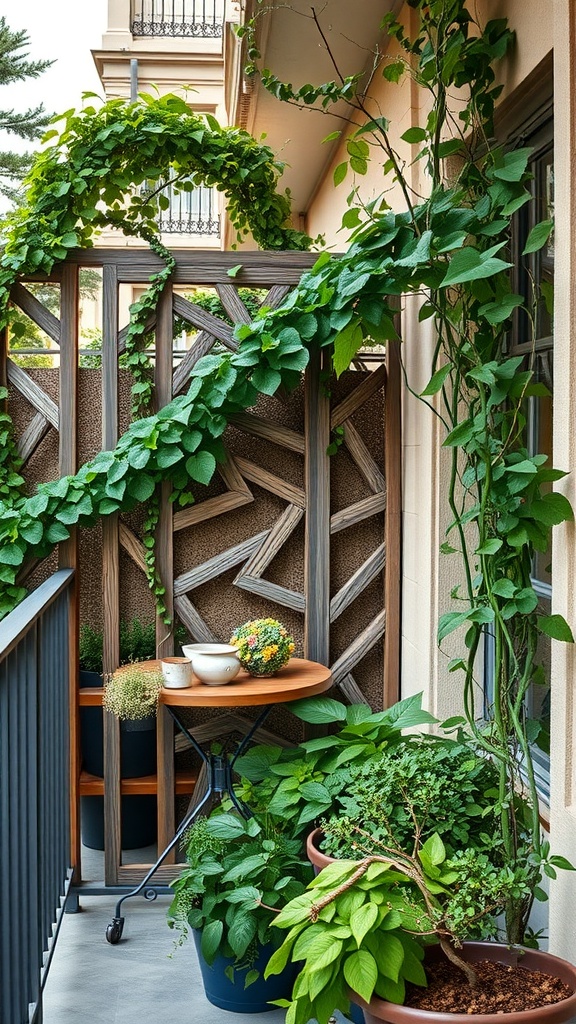A small balcony with a decorative privacy screen made of wood and lush green vines, featuring a small wooden table and potted plants.