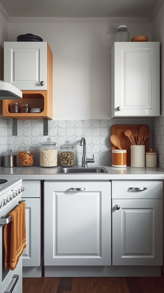 A small kitchen featuring decorative storage jars filled with snacks and pantry items, showcasing clever organization and style.