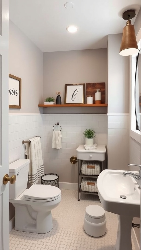 A stylish Boho bathroom with a decorative shelf, storage unit, and organized towels.