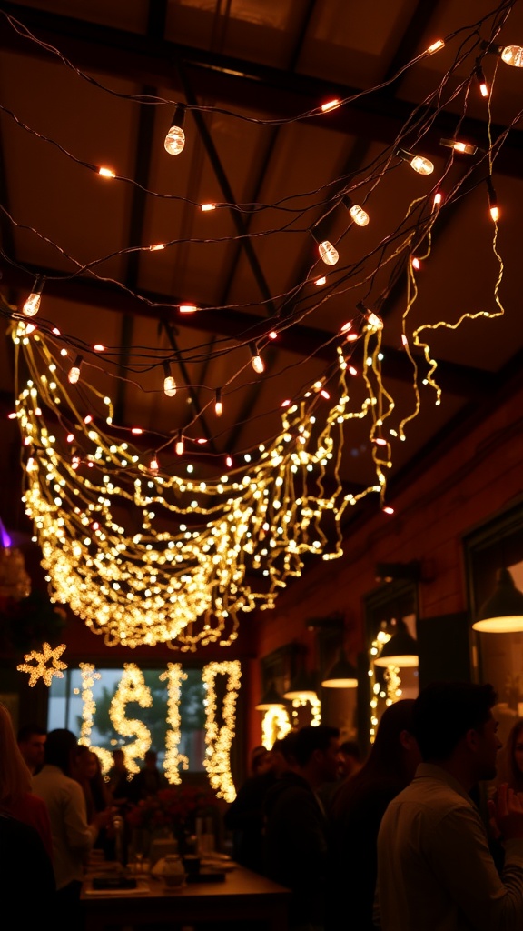 Decorative string lights creating a festive atmosphere in a low-ceiling space.