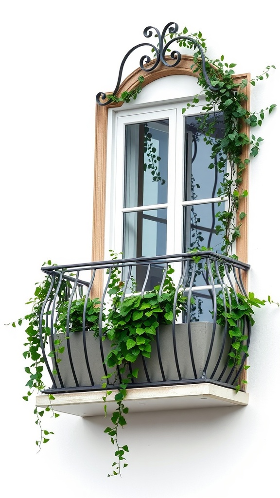 A charming small balcony featuring a decorative trellis with green vines climbing over it.