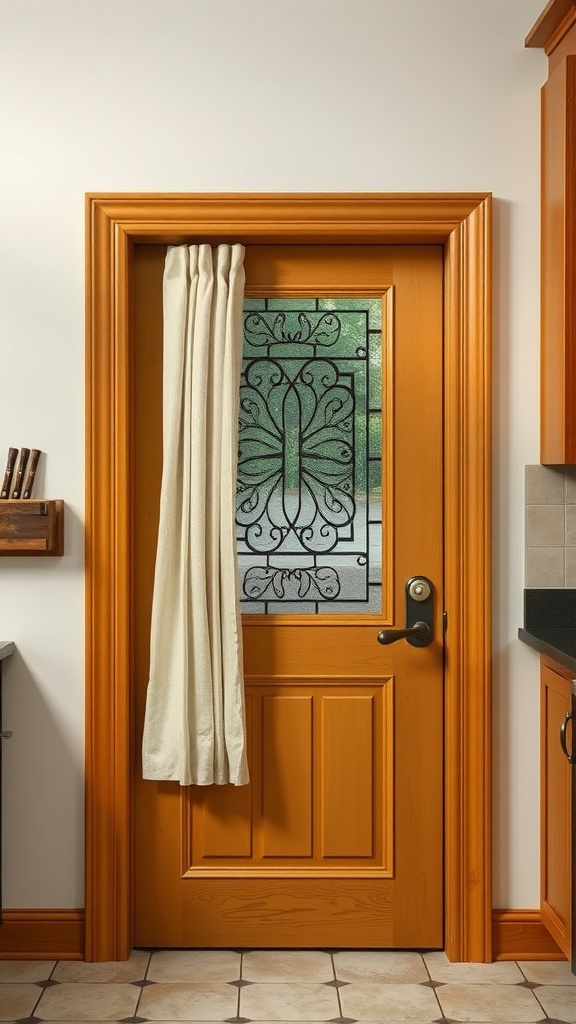 A decorative pantry door with a glass window and soft curtain