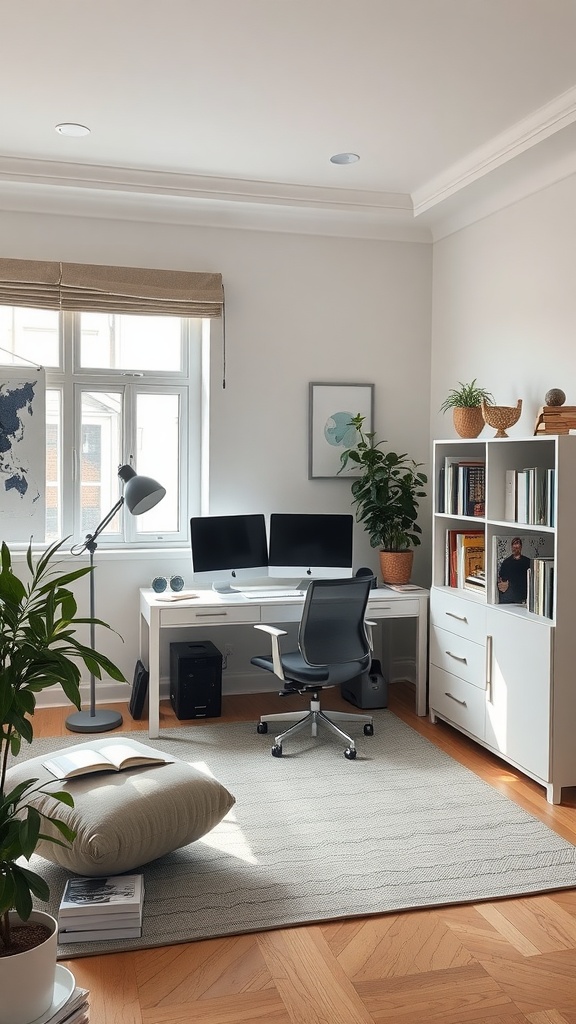 A small home office featuring a desk with dual monitors, a comfortable cushion, and shelves with books and plants.
