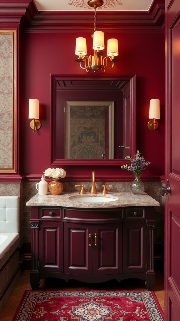 Bathroom featuring a deep burgundy vanity with gold fixtures and elegant decor