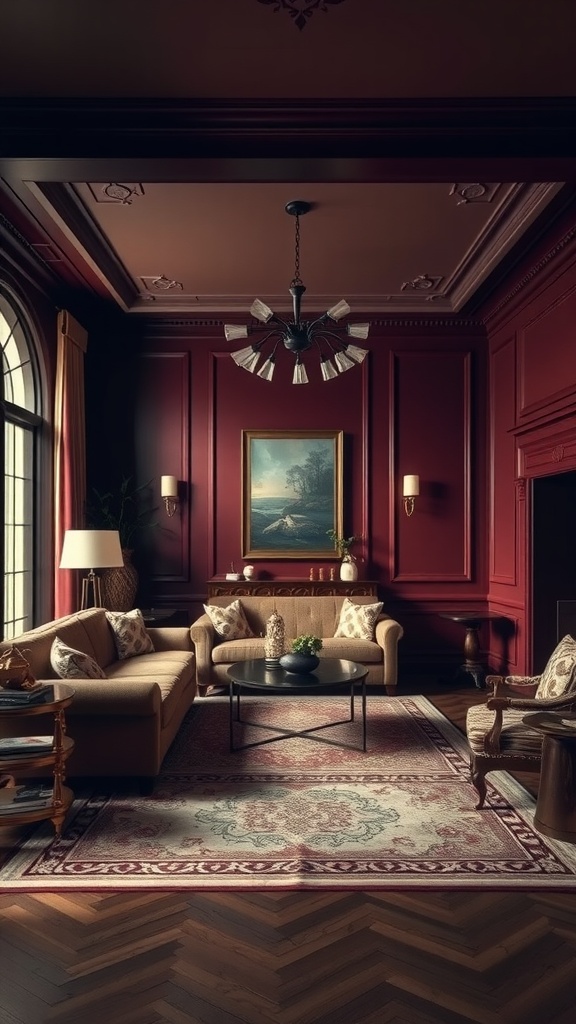 A living room featuring deep burgundy walls and ceiling, a light-colored sofa, a chandelier, and decorative elements.