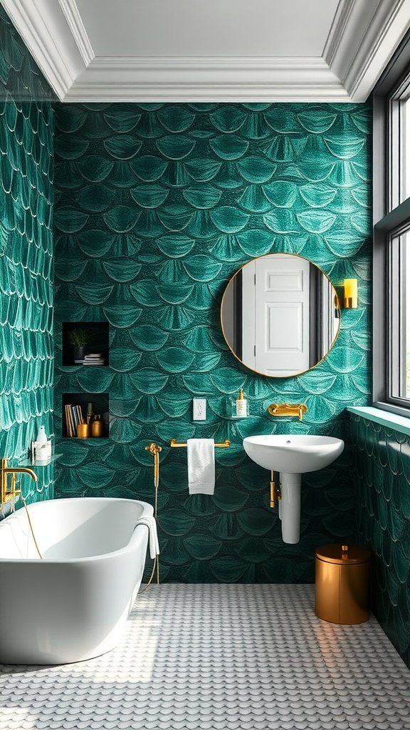 A bathroom featuring deep green fish scale tiles, with modern fixtures and abundant natural light.