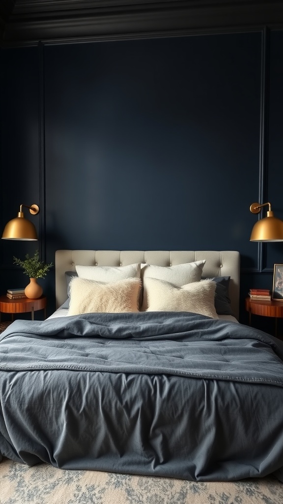 A cozy bedroom with deep navy walls, a soft bed, and gold lighting accents.
