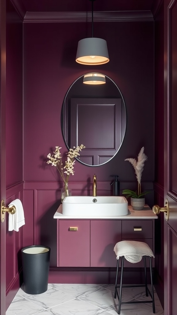 A stylish powder room with deep plum walls, white fixtures, and elegant decor.