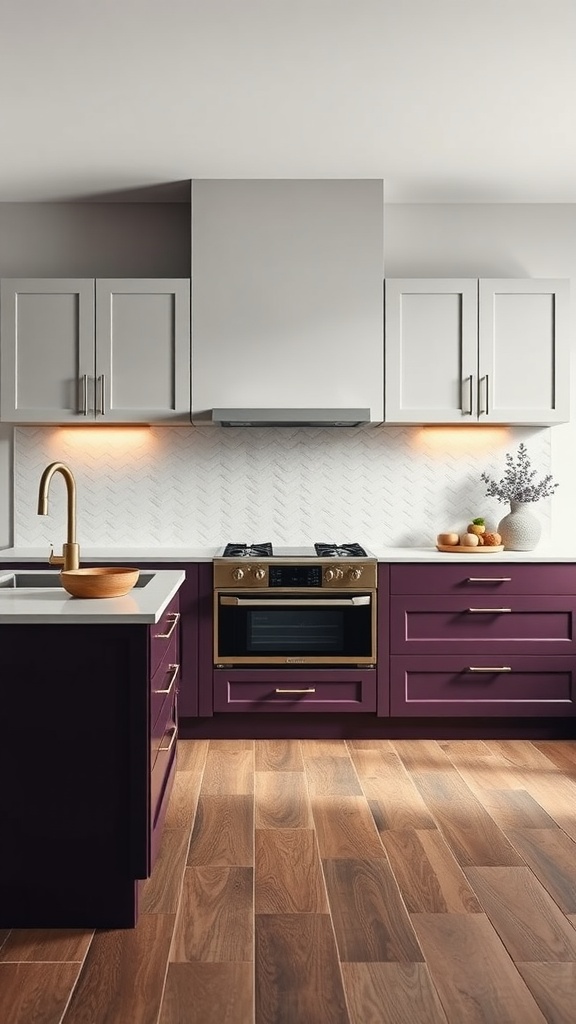 A modern kitchen featuring deep plum lower cabinets and light grey upper cabinets, with gold hardware and natural wood flooring.