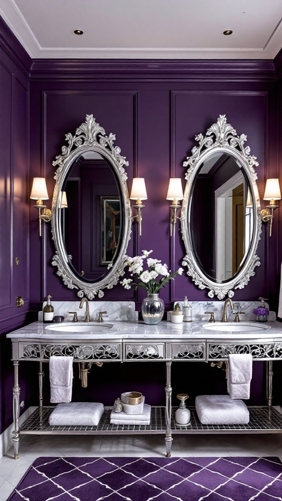 A luxurious bathroom featuring deep purple walls, silver accents, and elegant fixtures.