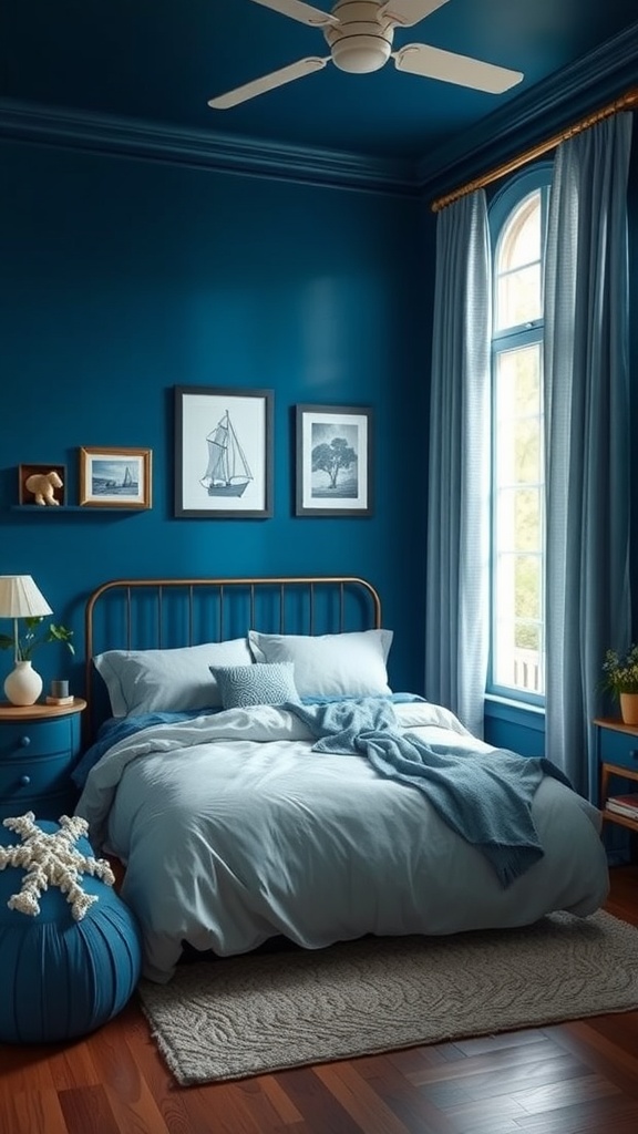 A dark and moody bedroom with deep sea blue walls, featuring a cozy bed and nautical decor.