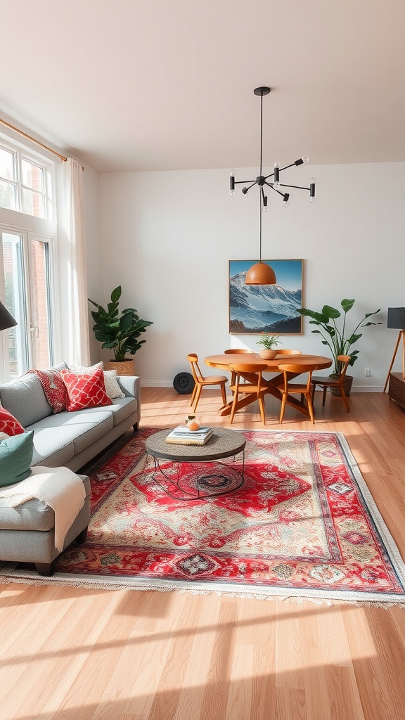 A cozy living room and dining room combo featuring a patterned area rug, modern furniture, and plants