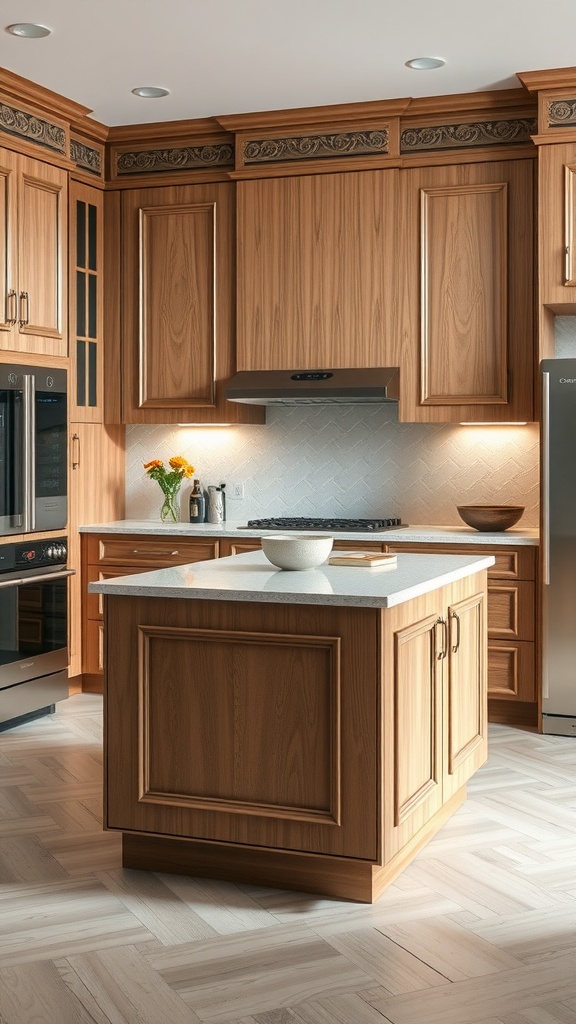 Small kitchen island with wooden paneling and modern appliances