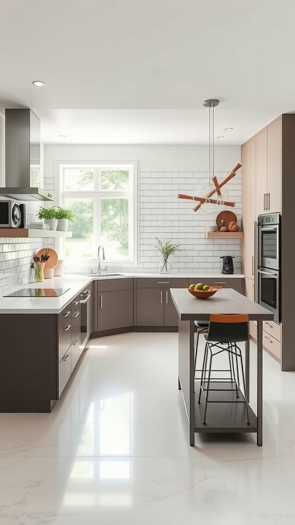 Modern kitchen with a peninsula that separates cooking and dining areas, featuring dark cabinetry and light countertops.