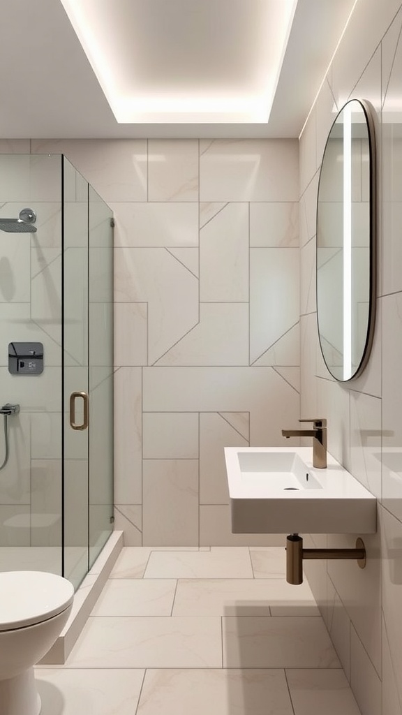 Modern bathroom with defined edges featuring rectangular tiles, glass shower enclosure, and floating sink.