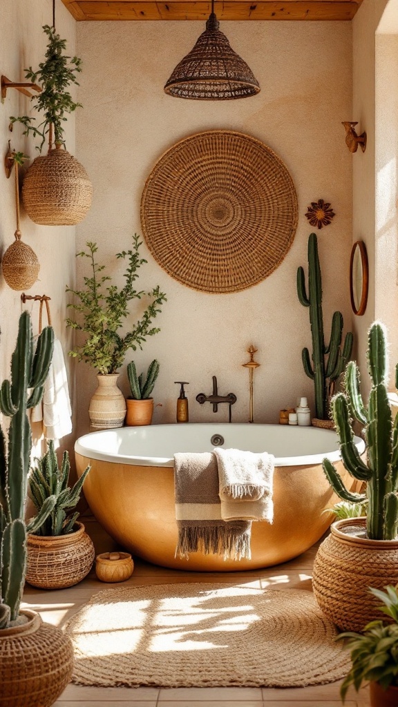 A desert-inspired boho bathroom featuring a freestanding tub, potted plants, and warm earthy tones.