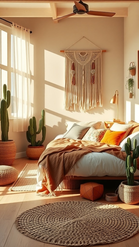 A cozy desert boho chic bedroom with sunlight, cacti, and a macrame wall hanging.