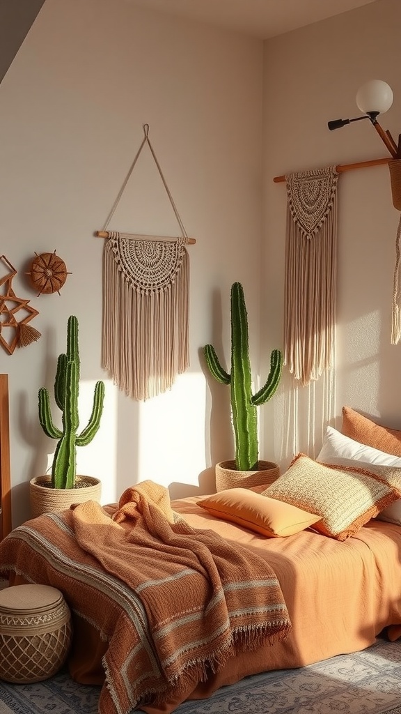 A cozy bedroom with cacti, warm color tones, and macramé wall hangings