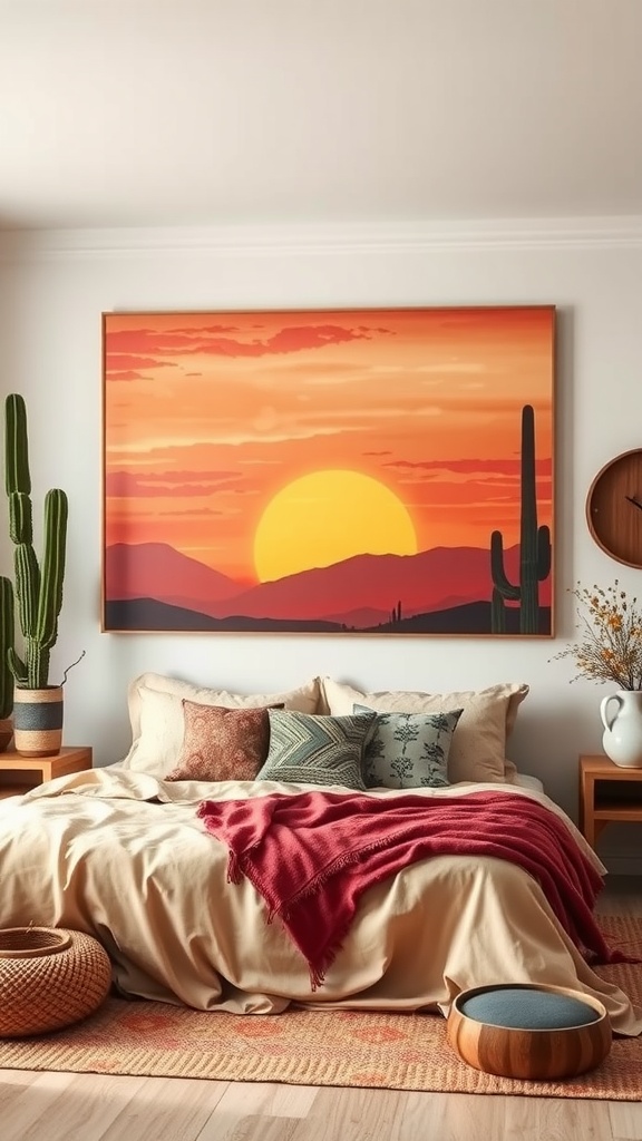 A vibrant desert sunrise canvas painting above a cozy bed with cacti and decorative pillows.