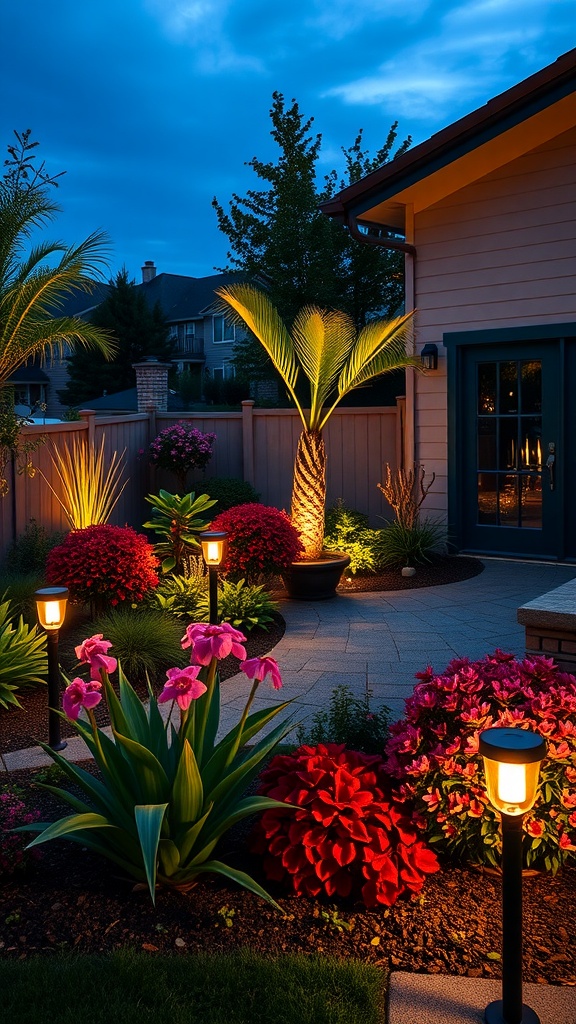 A beautifully landscaped outdoor space featuring solar uplighting, vibrant flowers, and a palm tree, all illuminated in the evening.