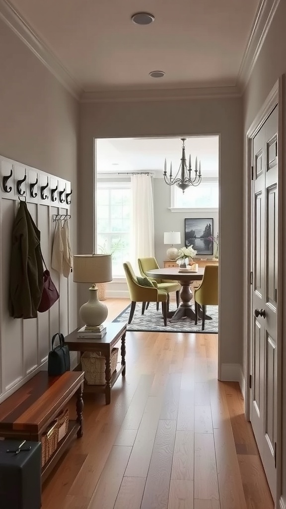 A stylish entryway leading to a dining room with a cozy atmosphere, featuring coat hooks, a storage bench, and a lamp.