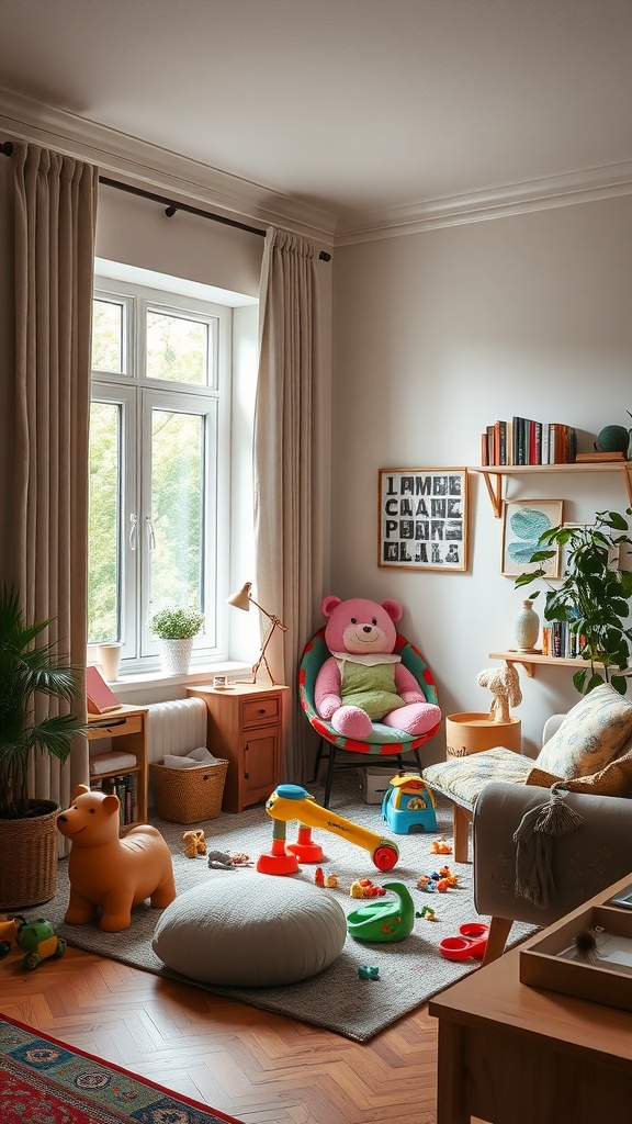 A cozy kids' corner with a pink bear chair, toys scattered on a plush rug, and shelves with books in a living room.