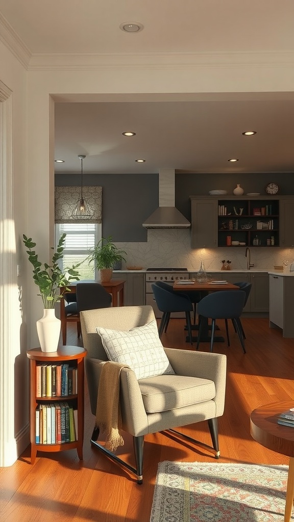 Cozy reading corner in a living dining room with a chair, bookshelf, and warm lighting.