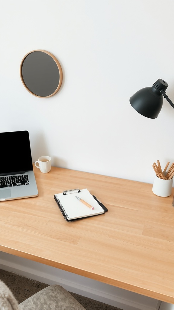 A minimalist workstation featuring a laptop, a notepad, a light wood desk, a black lamp, and a small mirror