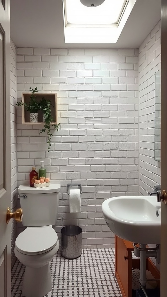 Small bathroom with white brick walls, a skylight, and minimal decor