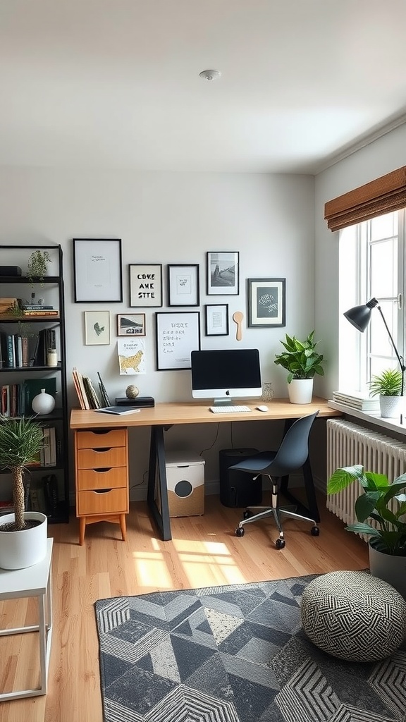 A stylish small home office featuring a desk, computer, plants, and artwork.