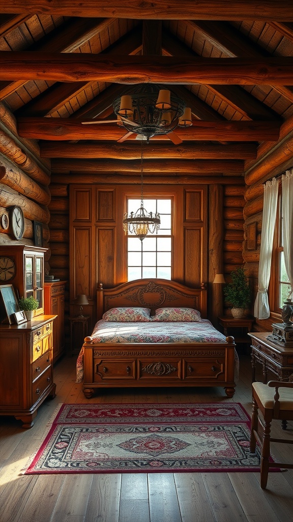 A rustic bedroom featuring detailed woodwork, wooden beams, and a beautifully carved bed frame.